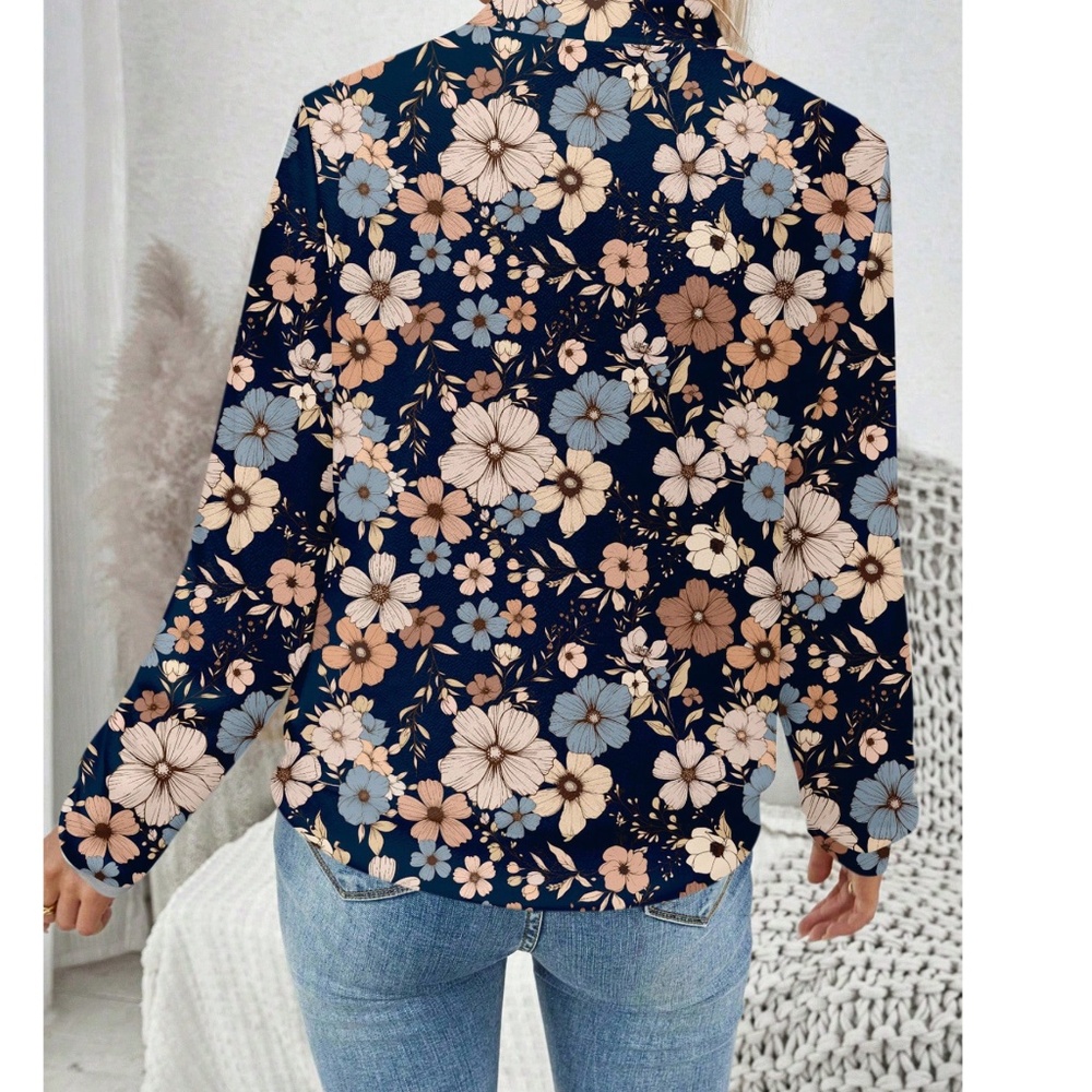 031 Boho Navy Blue Floral Print Zipper Jacket Shacket - Picture 3 of 4